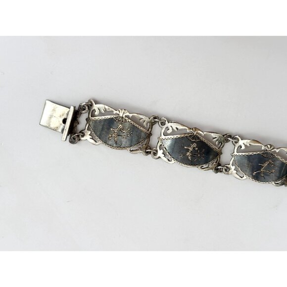 Siam Sterling Black Niello Enamel Fan Shaped Mekkalah Vintage Thai Bracelet - Picture 3 of 16